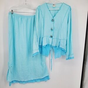 Vintage Neil David  Linen Cotton Blue Boho Lagenlook Coastal Skirt Suit XL